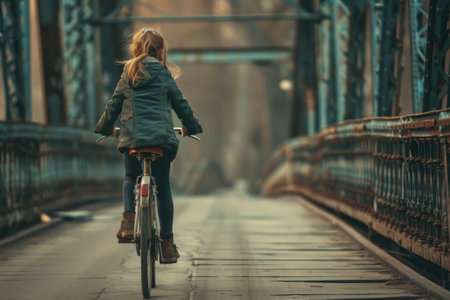 Girl riding bike on a bridge.の素材
