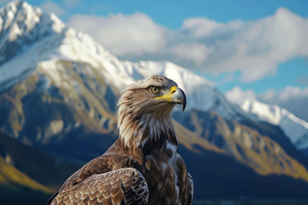 Bald eagle against snowy mountains background.の素材