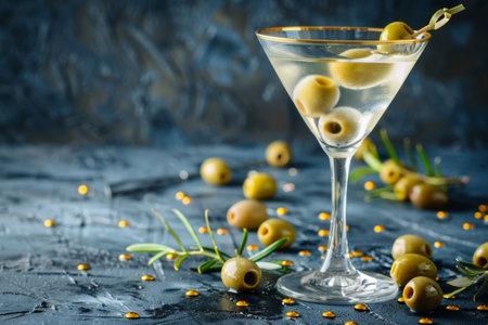Martini cocktail with olives on dark table background.の素材