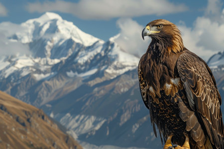 Golden eagle on a rock with mountains in the background.の素材