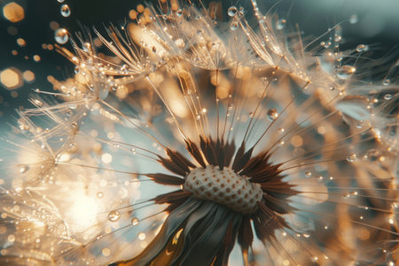 Close-up of a dandelion with water droplets, dark background.の素材