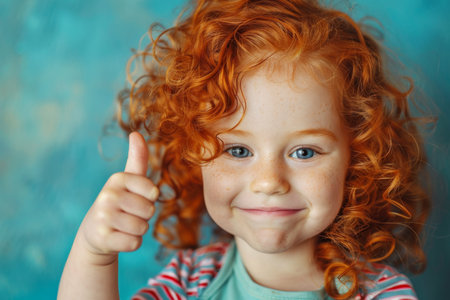 Girl with red curls giving thumbs up.の素材