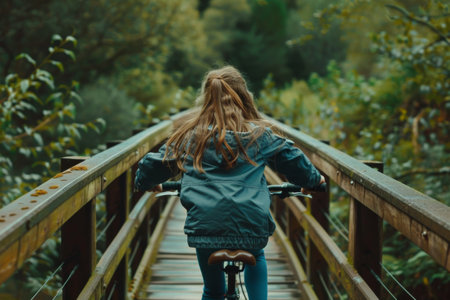 Girl riding bike on a bridge.の素材