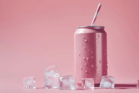 Pink can with straw and water droplets on pink background.の素材