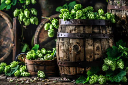 Multiple wooden barrels with hops in a vintage brewery.の素材