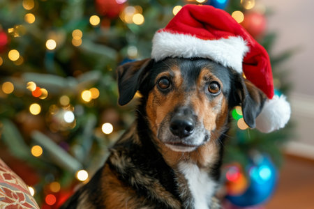 Dog in Santa hat with decorated Christmas tree background.の写真素材