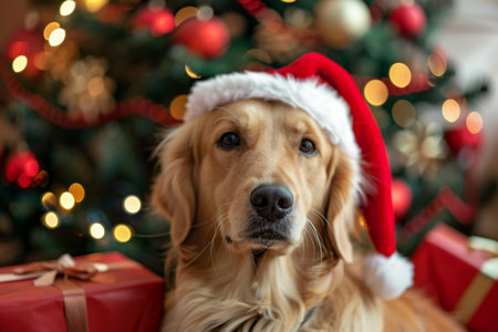 Dog in Santa hat with decorated Christmas tree background.の写真素材