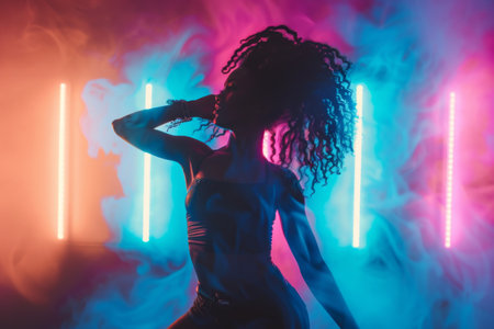 Woman dancing under neon lightsの素材