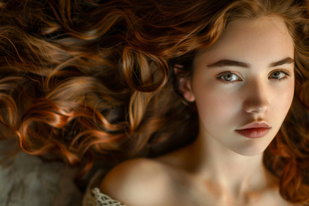 Close-up of woman with green eyes and chestnut hair.の素材