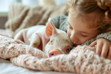 A small piglet sleeps on a cozy blanket, child pets it.の素材