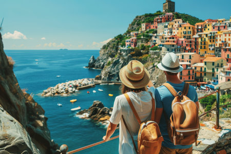 Tourist couple with backpacks looking at sea and cliffside house.の素材
