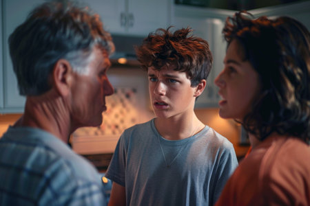 Angry teenage boy arguing with his parents in the kitchen, tense expressionsの素材