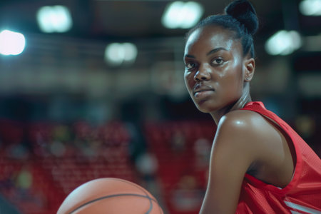 Woman basketball player on court during game wearing red uniformの素材