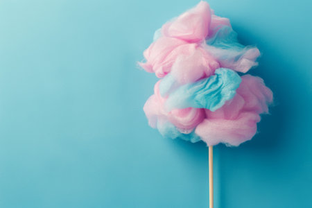 Pink and blue cotton candy on stick on blue background.の素材