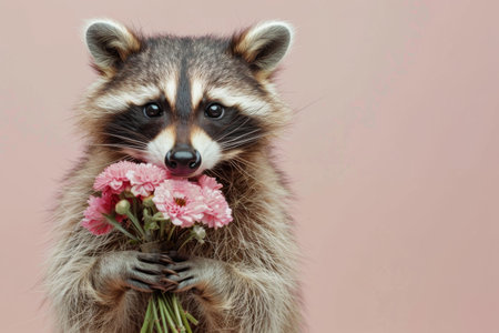 Raccoon with a bouquet of flowers.の素材