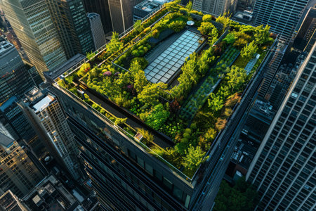 Modern building with green rooftops, top view.の素材