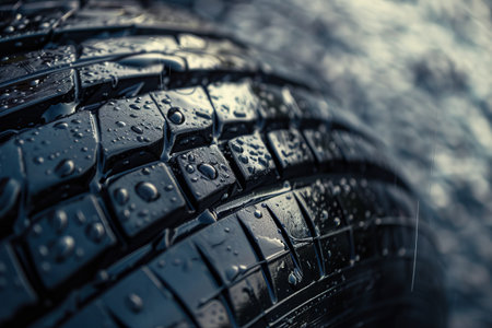 Close-up of tire tread with water droplets.の素材
