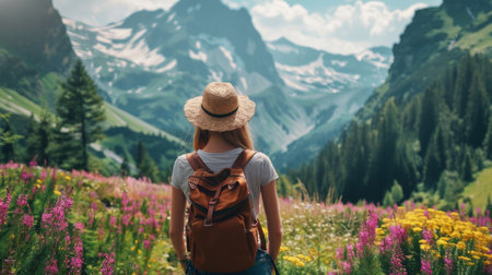 Active woman enjoys the beautiful scenery of the majestic mountains.の素材