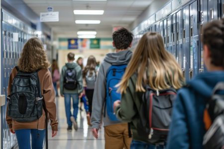 School hallway with students and lockers.の素材