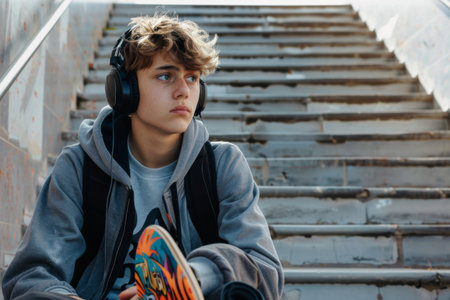 Teenage boy with headphones on stairs, holding skateboard, thoughtful expression.の素材