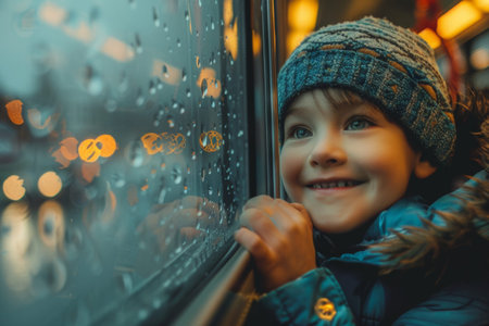 a child happily looks out of the bus window with his hands leaning against him.の素材