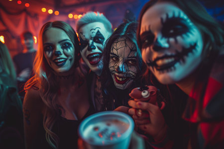 group of friends in scary costumes at a Halloween party.の素材