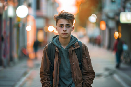 stressed-out teenage boy with a backpack, standing alone on a deserted street at dusk, with a worried expression and hands in pockets.の素材