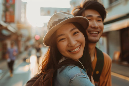 Happy Asian couple in the city.の素材