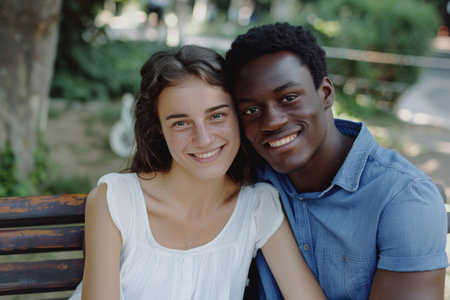 Happy interracial couple on a bench in the park.の素材