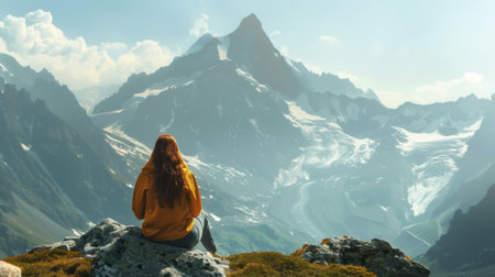 Active woman enjoys the beautiful scenery of the majestic mountains.の素材