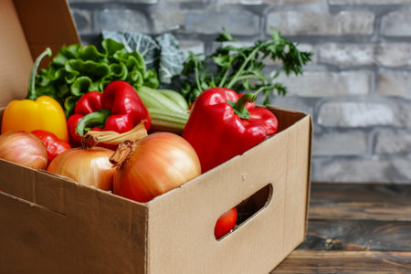 cardboard box with food. vegetables and fruits in a cardboard box. food delivery and food bank concept.の素材