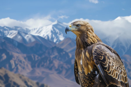 Eagle against snowy mountains and clouds.の素材