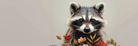 Raccoon with a bouquet of flowers.の素材