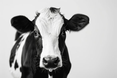 Black and white close-up portrait of a cow on white backgroundの素材