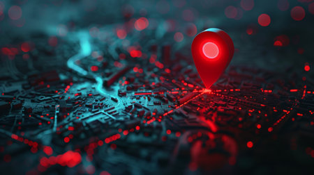 Red location marker on a night city map in light colors.の素材