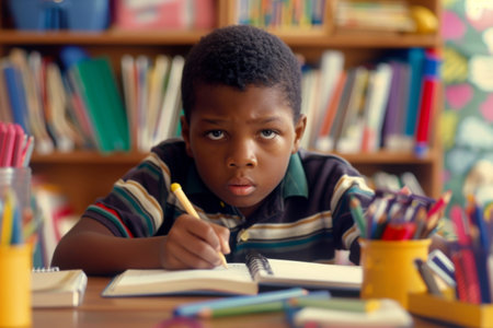 boy sitting at a desk, writing in a notebook, with school supplies scattered around and a focused expression.の素材