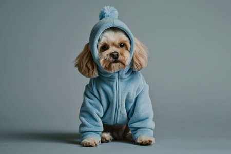 Small dog in blue hoodie costume sitting on gray backgroundの素材