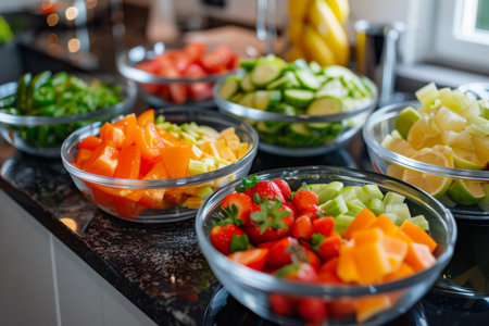Sliced fruits and vegetables in bowls, ready for making salads or smoothies.の素材