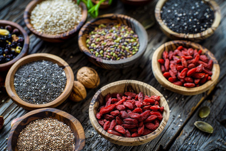 Assortment of superfoods in wooden bowls, including seeds and goji berries.の素材
