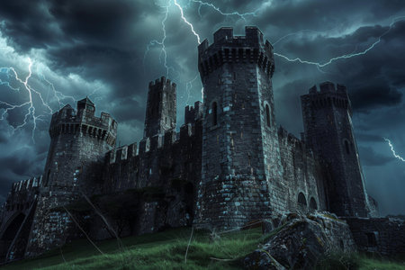 Majestic castle with towers and dark stone walls under a stormy sky with lightning.の素材