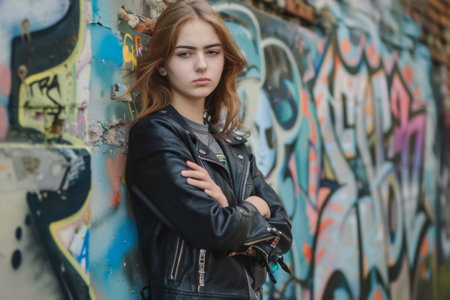 Teenage girl in leather jacket with graffitiの素材