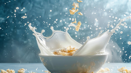 Dynamic splash of milk in a bowl of cornflakes, well-lit.の素材