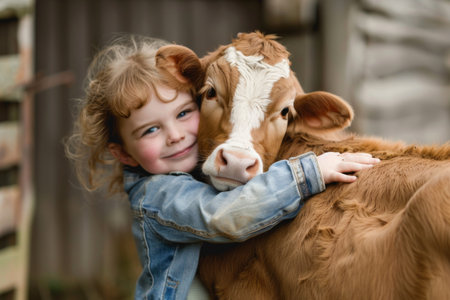 Girl hugging calf on farm.の素材
