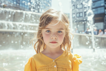 A girl with blond hair and blue eyes in a yellow dress by a fountain, city background.の素材