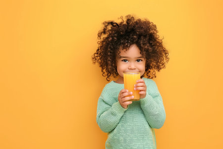 Cute curly-haired child in green sweater holding a glass of juice.の素材