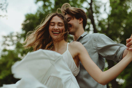 Romantic couple dancing in sunlight in the park on a warm sunny day, expressing love and joyの素材