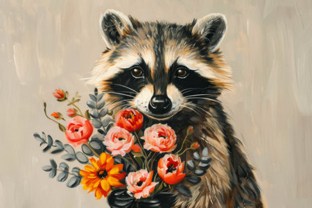 Raccoon with a bouquet of flowers.の素材