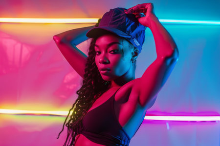 Woman dancing under neon lightsの素材