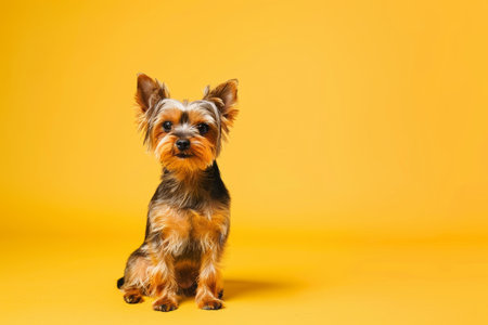 Portrait of Yorkshire Terrier on yellow backgroundの素材