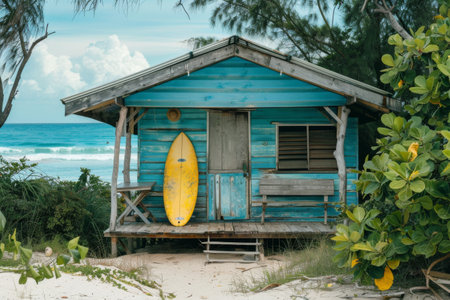 Rustic beach shack with four surfboards in front of it.の素材